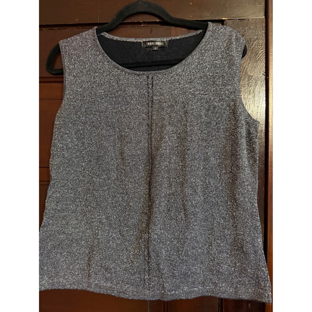 Compliments Womens Metallic Silver Lurex Knit Shell Tank Top Scoop Neck Medium